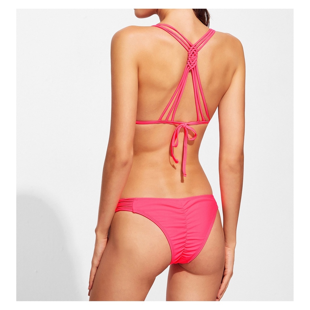 Neon Red Pink Macrame Triangle Bikini Set - Picture 2 of 7